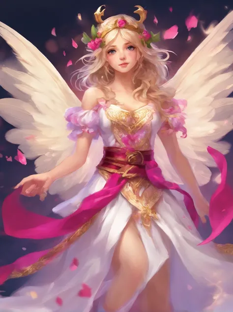 fairy, Wearing Cupids Robe, white with brown and gold belt and fuchsia sleeves, beautiful, masterpiece, best quality