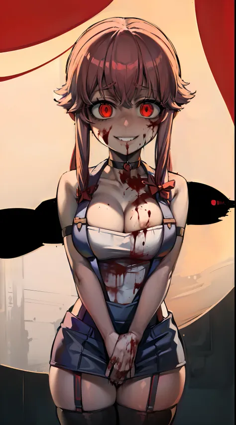 ((masterpiece, best quality)), (1girl), (solo), (female focus), (yuno gasai:1.5), long hair, (red eyes:1.5), pink hair, smile, low twintails, red eyes, 1girl, (large breasts:1.5), solo focus, (black choker:1.5), (Open chest sweater:1.5), black thigh high s...