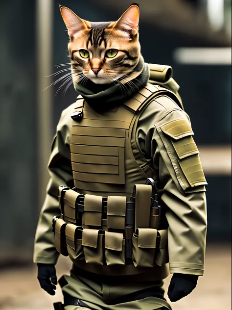 Cats in military uniform, armored cat, Cat Warrior, preparing to fight, Assassin Cat, awesome cat, soldier, catss, heavy_1 , fashion magazine, smooth, Sharp focus, 8 k,