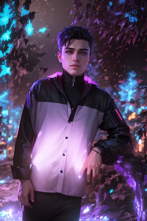 Change background cyberpunk handsome boy, realistic face, 8k, ultra realistic.