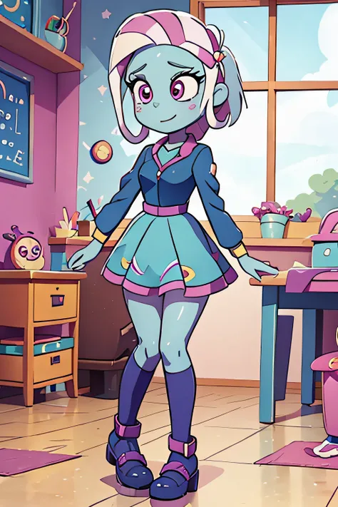 Its trixie lulammon from equestria girl. Blue Skin, Whaite hair,  Blue school blouse with sweetheart neckline showing some of the breasts, blue school miniskirt