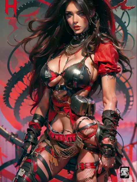 Post-apocalyptic female warrior woman in Simon Bisley style for the cover of Heavy Metal magazine, hair half black and half white, wearing teared red shirt and black fishnets, with some barb wires on her left leg thigh, scantily clad, art by Simon Bisley