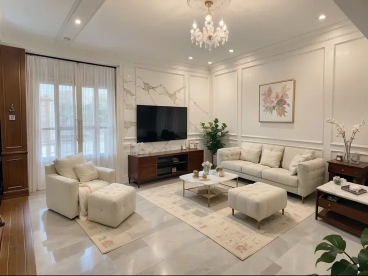 a luxurious living room,exquisite glass chandelier shining like crystal,white marble TV cabinet with luxurious sculptures on it,the majestic oil paintings hanging on the wall,soft sofa lying quietly on the elegant carpet,accompanied by gentle music,bringin...