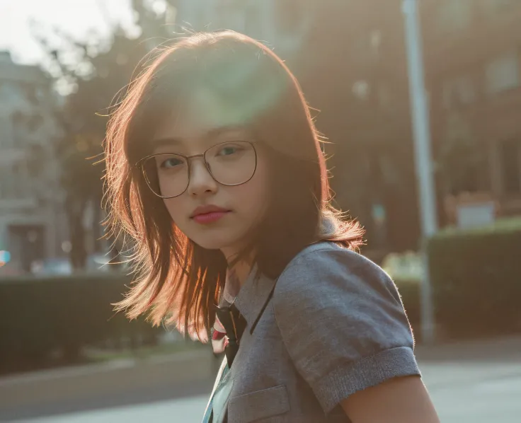 A woman wearing glasses and a tie stands in the street, 50mm portrait, Girl with glasses, a girl with round glasses, INFP young woman, 7 0 mm portrait, 60mm portrait, 3 5 mm portrait, soft light from the side, dslr 5 0 mm portrait photo, shot at golden hou...