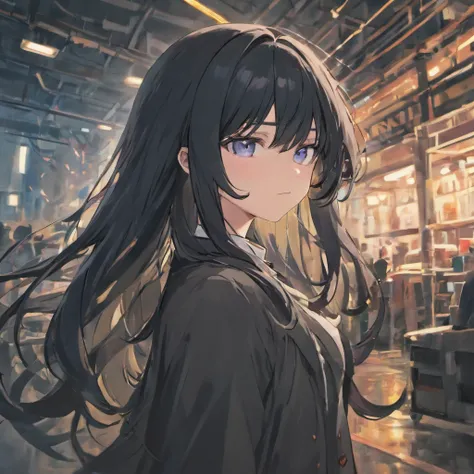 Girl with black hair, loose long hair. The right eye is blue-eyed and the left eye is black. In a strict suit, Fon is a car repair shop。4k，K HD。