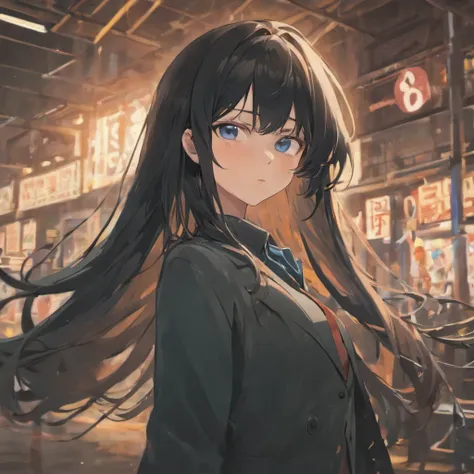 Girl with black hair, loose long hair. The right eye is blue-eyed and the left eye is black. In a strict suit, Fon is a car repair shop。4k，K HD。