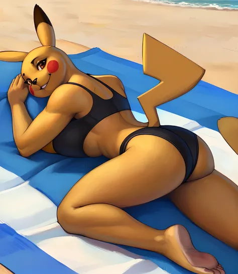 [pikachu], [Uploaded to e621.net; (Pixelsketcher), (napalm_express), (twistedterra)], ((masterpiece)), ((solo portrait)), ((full body)), ((back view)), ((furry; anthro)), ((detailed shading)), ((beautiful 2D art)), {anthro; (yellow fur, black nose, pointed...