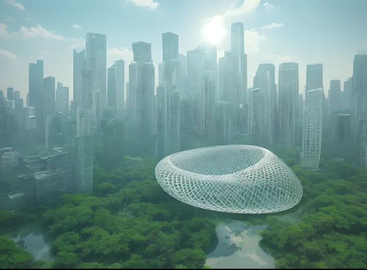 There is a silver object, mesh structure, 3 d mesh, 3d cell shaded, parametric structure, monochrome 3 d model, Metal Materials, Abandoned futuristic city，Overgrown with lush greenery，Exquisite scenes，Skysky，baiyun，The sun shines，green floor，lakes。