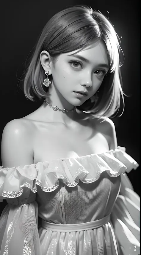 Beautiful girl, high-precision illustrations, monochrome tone effects, chic and sophisticated impression, focus blur envelops her softly, overhead shot composition, pixel-perfect drawing, edge detection, clear expression of details, high-key contrast, tint...