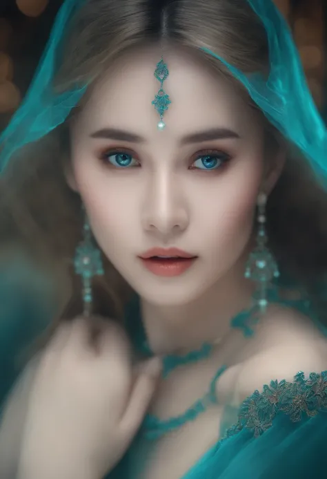 (masterpiece, 最高品質, bestquality, official art, Beauty and Aesthetics: 1.2), (1girls: 1.3), (Fractal Art: 1.3), Bright turquoise eyes., Medium hair with tassels, Nude Midpart