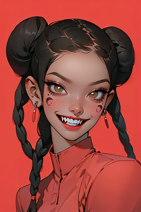 1girl, solo, smile, black hair, jewelry, braid, earrings, teeth, dark skin, hair bun, twin braids, dark-skinned female, double b...