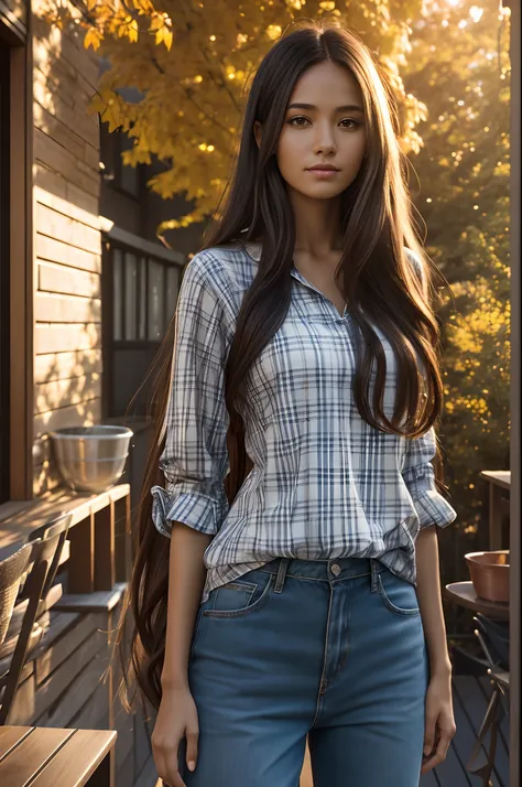 morena, Long hair, Slender figure, terrace, plaid, autumn, Evening, sunlight rays, warmth, Portrait, 85mm, F2.0, Light, ultra realistis, 8K, fm2.0, Cinema4D