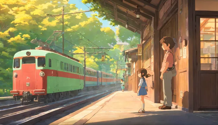 The little girl waiting at the station is her father，in the afternoon，heartwarming moment，Beautiful picture，in style of hayao miyazaki，in style of ghibli