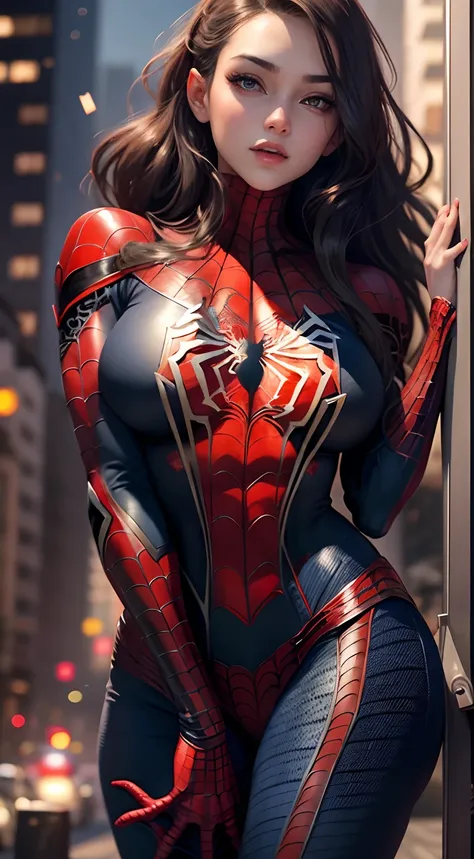 Beautiful girl, hot girl, detailed face, detailed eyes, detailed hair, detailed body, hanging boobs, change background, 8k, ((Spiderman)) Spiderwoman, full body cover shuit, Spiderman