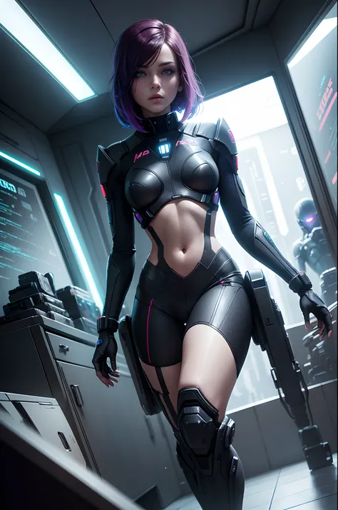 mass effect style, The android girl has a body, neon lights all over her body, mirror eyes, multilayered realism, witchcore, eerily realistic