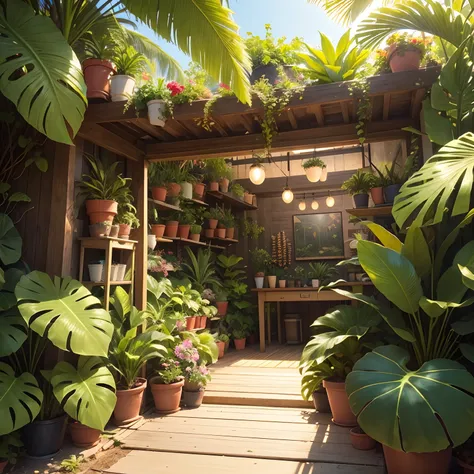 Pop-up store of tropical plants, vivid colors, lush greenery, vibrant atmosphere, exotic foliage, eye-catching display, lush tropical paradise, tropical paradise vibes, plants in full bloom, diverse plant collection, healthy and thriving plants, unique and...