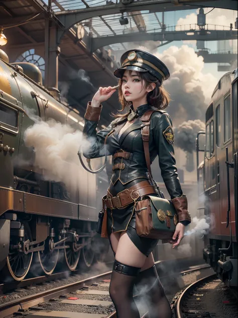 1 girl,  Pilot hat ,   Solo,   Steam punk, Train station,  , steams, Smoke, Masterpiece, Highly detailed,hdr,8K resolution, Best quality,blackstockings