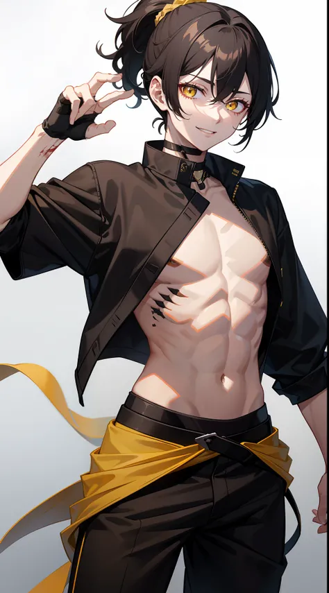 Young guy, short black hair, high ponytail, Yellow eyes, Scars, bloods, confusion, Wounds, Smile, Bandages, red martial arts pants, open torso, Masterpiece, hiquality, 4k, HD, Good detail