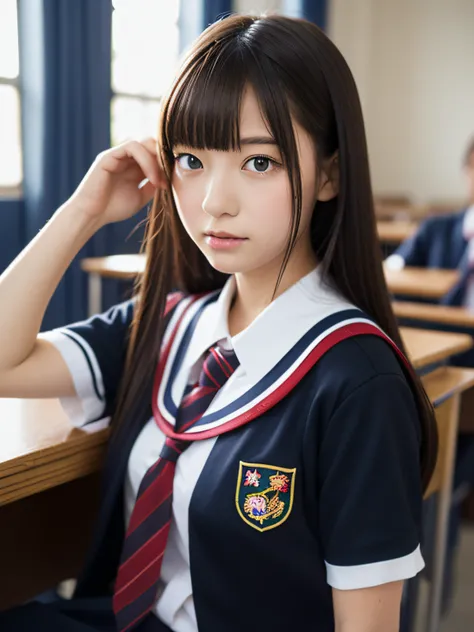 masutepiece, Best Quality, 1girl in, Looking at Viewer, One piece,, NamiOP, School uniform, School, School Desk,, Solo,