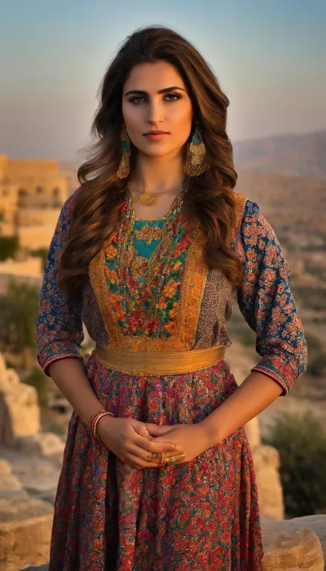 photoreallistic, Photograph of a beautiful Kurdish girl standing, wearing a colorful Kurdish dress, (((very heavy bust))), wavy hair, Assis sur des rochers, next to the citadel; of Erbil, Look into the camera, eyes symmetrical, symmetrical face, photoreall...