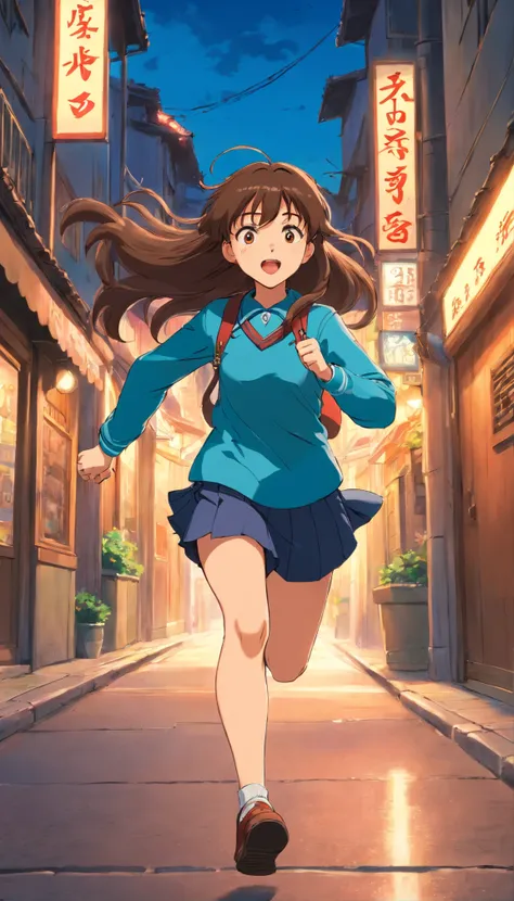 A girl with a long Brown hair,with a bangs,running in the street,wearing decent uniform,serious face,panting