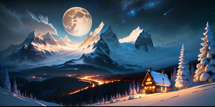 Masterpiece, Highest quality, (Highly detailed CG unified 8K wallpaper), (Highest quality), (Best Illustration), Shining moon and stars (Best shadow), snow mountains, wooden cabin，wilderness, Snowflake dance, Absurdity, Realistic lighting, beautiful detail...