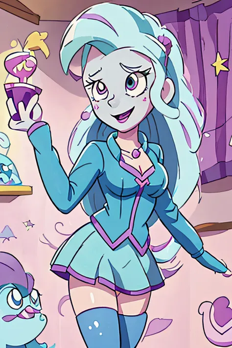 "Its trixie lulammon from equestria girl. Blue Skin, White hair, Blue school blouse with sweetheart neckline showing somewhat of the breasts, blue school miniskirt"