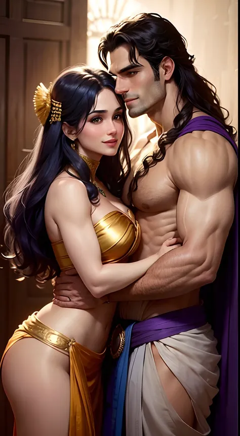 A couple in embrace, looking at each other, Man- Henry Cavill, handsome, long hair, a peacock feather in his hair on head, blue skin tone, robust, shirtless, wearing gold ornaments, wearing a blue silk dhoti, smiling, a large flute in his hand, woman - Sun...