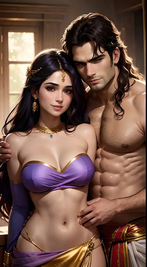 A couple in embrace, looking at each other, Man- Henry Cavill, handsome, long hair, a peacock feather in his hair on head, blue skin tone, robust, shirtless, wearing gold ornaments, wearing a blue silk dhoti, smiling, a large flute in his hand, woman - Sun...