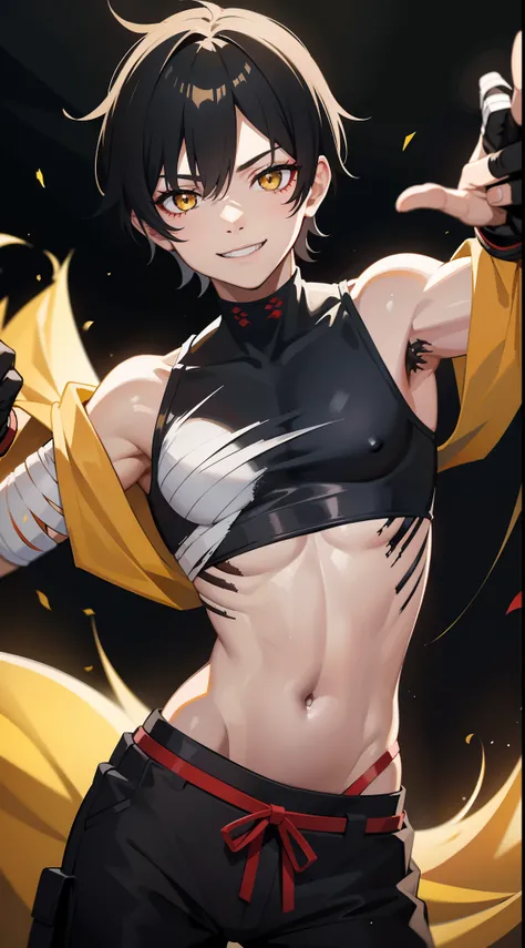 Young guy, short black hair, high ponytail, Yellow eyes, Scars, bloods, confusion, Wounds, Smile, Bandages, red martial arts pants, open torso, Masterpiece, hiquality, 4k, HD, Good detail