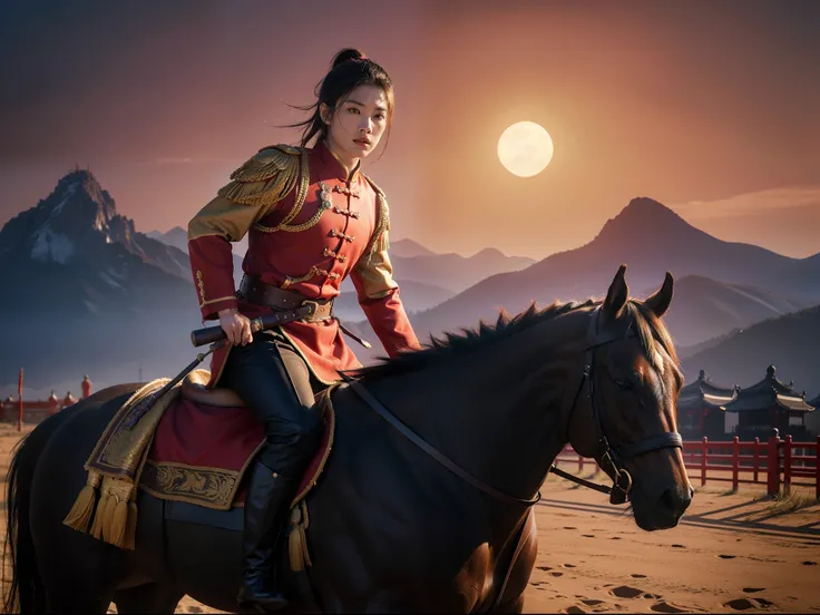 Chinese Ancient Times，Military general，male people，robust，Golden armor，ride horse，steed，Long Gun，battlefiled，red flags，the setting sun，verism style，8K，Hyper Real，ultra - detailed、unreal 5 render，looks into camera，8K，