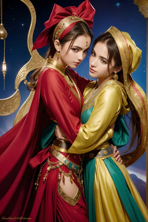 2 girls kneeling,duo,top-quality、Extremely Delicately Beautiful、(Strange blue and red eyes)、arabian clothes 、silber hair、femele、(（Brown skin）),Front lens,（Close-up Shot Shot：1.6），best qualtiy，f / 1 HD photography T bokeh，Depth of field macro,