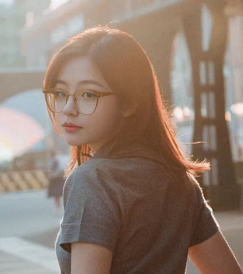 A woman wearing glasses and a tie stands in the street, 50mm portrait, Girl with glasses, a girl with round glasses, INFP young woman, 7 0 mm portrait, 60mm portrait, 3 5 mm portrait, soft light from the side, dslr 5 0 mm portrait photo, shot at golden hou...