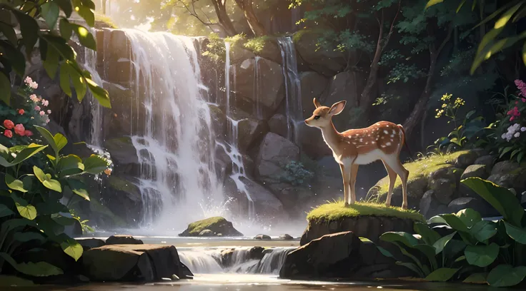 a peaceful scene of a young fawn gracefully drinking water near a mystical waterfall. the fawn's gentle presence exudes innocenc...