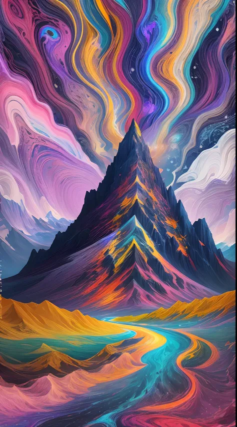 ((A towering snowcapped mountain)),(Best quality,4K,8K,A high resolution,Masterpiece:1.2),Ultra-detailed, [Vibrant colors], [psychedelic patterns], [Sparkling textures], [Abstract shapes], [Unique design], [A mesmerizing glow], [Creative composition],[Drea...