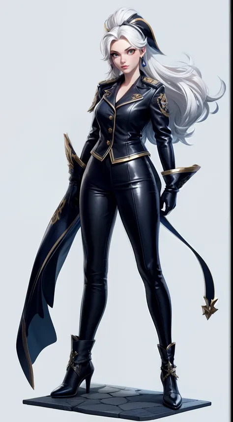 solo, super fine photo, full body picture Unreal Engine 5 8K UHD of a girl, wearing black and white tight shiny suit, navy general, long black glove, long white hair, fantasy character, pirate harbor fantasy background, best quality, masterpiece, unified 8...