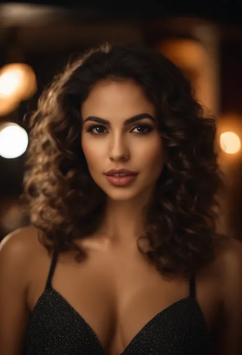 (sharp focus:1.2), photo, attractive young Latin woman, (beautiful face:1.1), detailed eyes, luscious lips, (cat eye makeup:0.85), (large eyes:1.0), (toned body:1.2), (curly hair:1.2), (big booty:1.4), wearing (short dress:1.2) in a (club:1.2). (moody ligh...