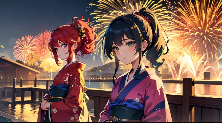 masterpiece, lots of detail, 4k, 8k, ((ultra-detailed)), highres, soft lighting, 1girl, kimono, tanabata, hair sticks, fireworks, {red hair|green hair|black hair|blue hair}, {ponytail|short hair|long hair|curly hair}