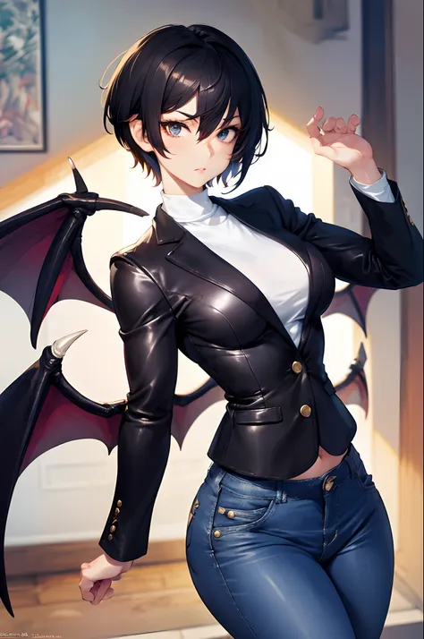 masterpiece, high quality,1girl,solo,middle breast , short hair, (hair between eyes),(00bffe pixie cut), bat wings, disappointed...