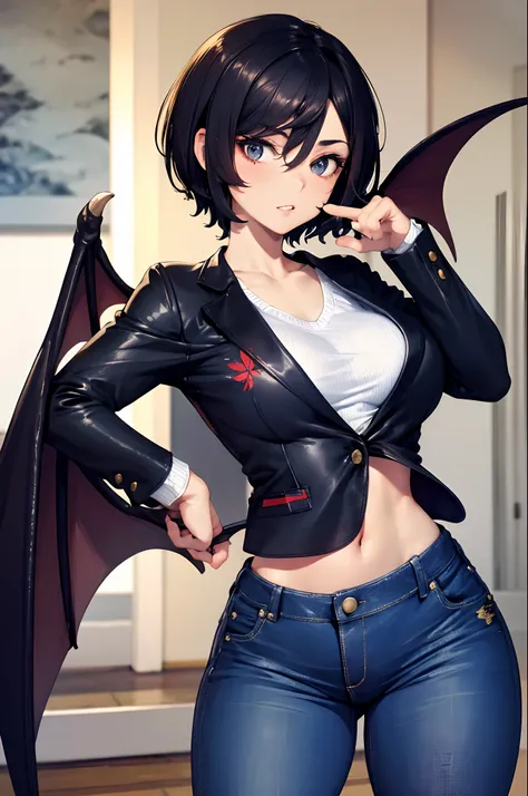 masterpiece, high quality,1girl,solo,middle breast , short hair, (hair between eyes),(00BFFE pixie cut), Bat wings, Disappointed face,(Embroidered sweater, Cropped flare jeans, Leather blazer)