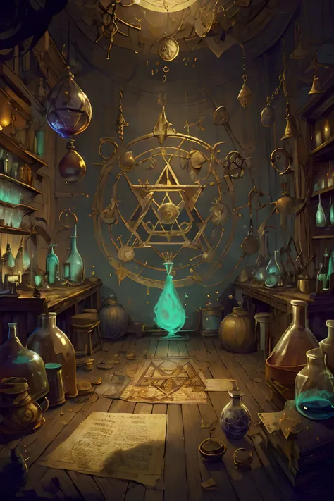 alchemy pancai antique, messy environment, chaotic background