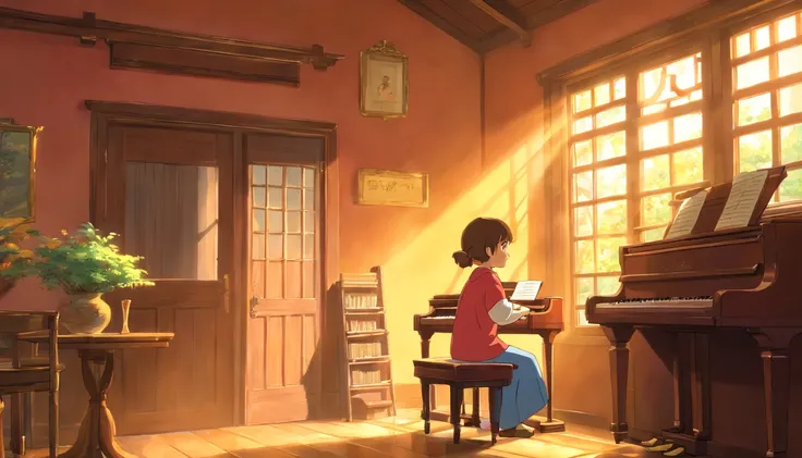 The 8-year-old girl plays the piano seriously in the room，Sunlight comes in through the window