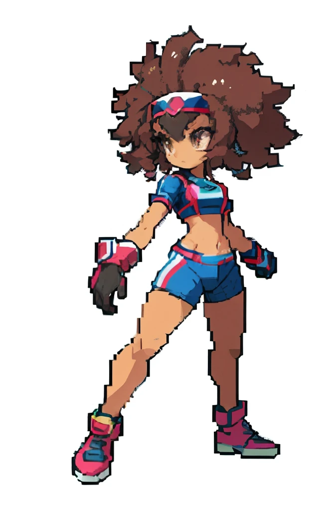 masterpiece, top quality, best quality), pixel,pixel art, 1 girl, goalkeeper girl, yugioh, fullbody, no background, big afro child, soccer girl, gloves, protagonist, dark brown skin, tall, goalkeeper pose,