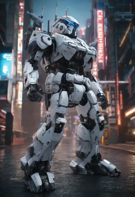 White armor，Huge lightsaber，8k,k hd，hentail realism，Gundam robots，Streets that were half destroyed，dust，Hold a sword in both hands，vigilante，Lunge，Always ready to strike，