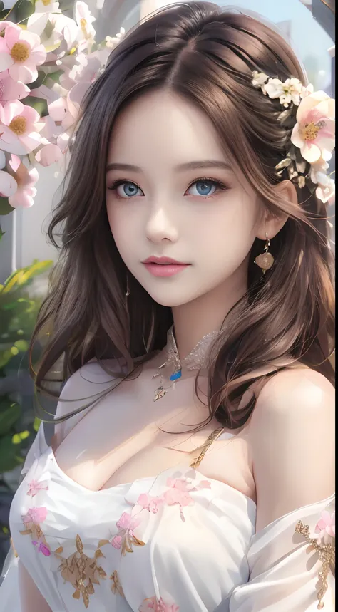 best qualtiy，tmasterpiece，A high resolution，1girll，Dingdall effect，realisticlying，edge lit，twotonelighting，（highdetailskin：1.2），8K  UHD，Pure，Sweet，Flower background，Colorful background，Based on physical rendering，Perfect light and shadow，extreme hight deta...