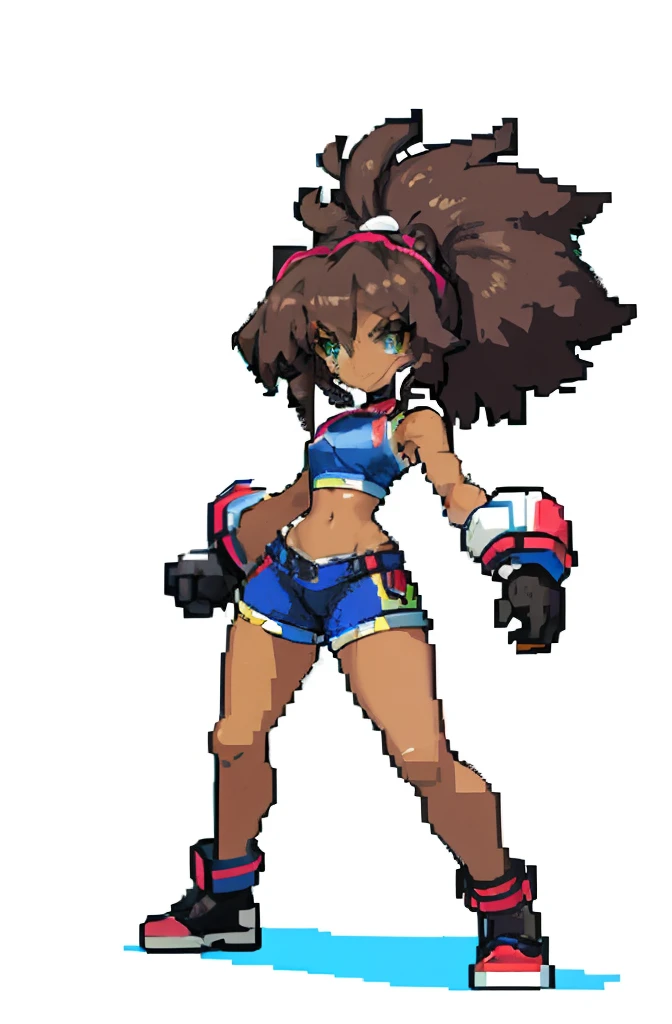 masterpiece, top quality, best quality), pixel,pixel art, 1 girl, goalkeeper girl, yugioh, fullbody, no background, big afro child, soccer girl, gloves, protagonist, dark brown skin, very tall, goalkeeper pose,