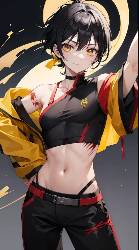 Young guy, short black hair, high ponytail, Yellow eyes, Scars, bloods, confusion, Wounds, Smile, Bandages, red martial arts pants, open torso, Masterpiece, hiquality, 4k, HD, Good detail