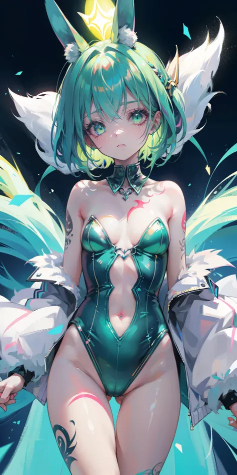 Rabbit technique , sci-fy, Fluffy , 
1girll, Tattoos, Glowing tattoos, Glowing eyes, Colorful glowing hair , （full bodyesbian）, Green hair,
  Kavitek, Pastel colors, kawaii, cutecolors,