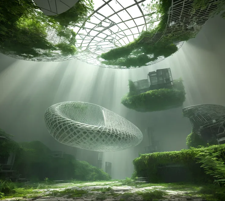 There is a silver building in the ground, mesh structure, 3 d mesh, 3d cell shaded, parametric structure, monochrome 3 d model, Metal Materials,，Abandoned futuristic city，Overgrown with lush greenery，Exquisite scenes，Skysky，baiyun，The sun shines，green floo...