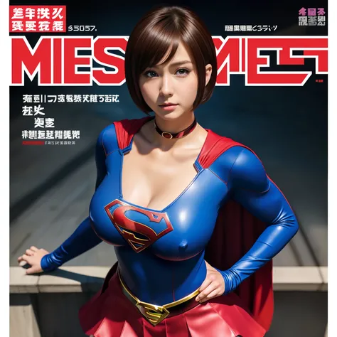 (Best Quality,4K,8K,hight resolution,masutepiece:1.2),Ultra-detailed,Realistic:1.37,Super masterpiece,Short-haired Supergirl、large full breasts、Looking at the camera、Glossy costume、a choker、Too short miniskirt、Magazine covers、Shonen Magazine